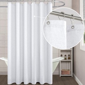 White Shower Curtain Fabric,Linen Washable Cloth Boho Farmhouse Sheer Semi Transparent Faux Cotton Textured Not See Through Simple Waterproof Shower Curtains for Bathroom Set 72x72 Inches Long