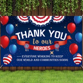 Thank You to Our Heroes Banner Decorations, Patriotic Backdrop Background for Greeting Police Military Army Employees Heroes Theme Party Supplies, 71 x 43 Inch