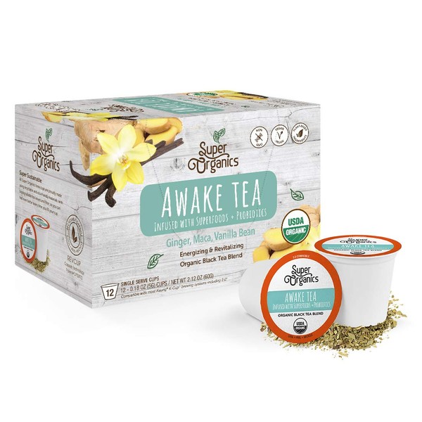 Super Organics Awake Black Tea Pods With Superfoods & Probiotics | Keurig K-Cup Compatible | Energy, Revitalizing, Refreshing Tea | USDA Certified Organic, Vegan, Non-GMO, Natural & Delicious, 72ct