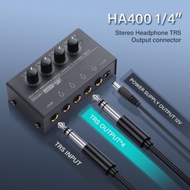 SinLoon HA400 4-Channel Stereo Headphone Amplifier, Metal Mini Audio Splitter with Independent Volume Control, 1/4" TRS Output & Input, with 12V Adapter for Studio, Stage, PC, Guitar