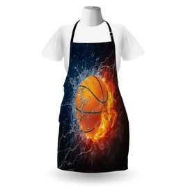Lunarable Sports Apron, Basketball Ball and Water Splashing Thunder Lightning Themed Design, Unisex Kitchen Bib with Adjustable Neck for Cooking Gardening, Adult Size, Blue Burgundy