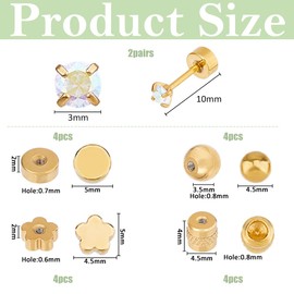 Hobbspring 2 Pairs Flat Earring Backs Stainless Steel Earring Backs Replacements Locking Pin Back Metal Screw Earrings Back Golden Round Flower Column Stud Earrings Findings for Women Men