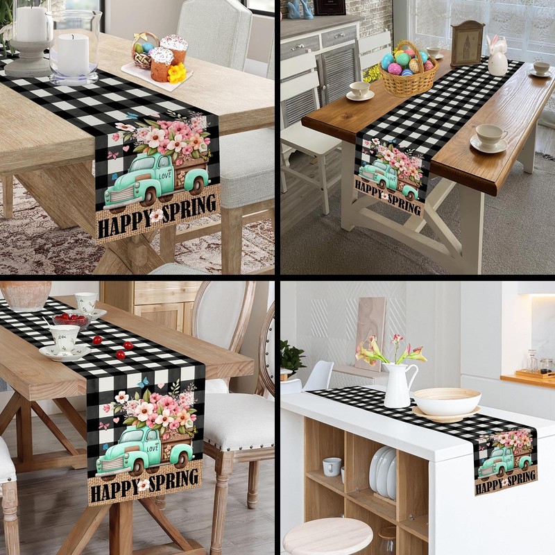 Spring Table Runner, Buffalo Plaid Truck Flowers Happy Easter Table