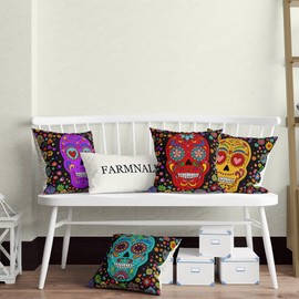 FARMNALL Dia De Los Muertos Sugar Skull Flower Cat Throw Pillow Covers 18x18 Set of 4 Day of The Dead Pillow Case Mexican Fiesta Party Decorations and Supplies