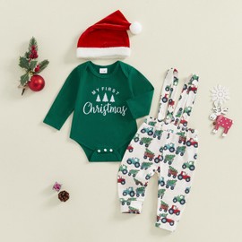 BeQeuewll Christmas Newborn Baby Boy 3PCS Clothes Set Infant Long Sleeve Romper Cute Pattern Suspender Pants Overalls Outfits, Green, 0-3 Months