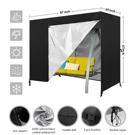 Outdoor Swing Cover 3 Triple Seater Hammock Cover Garden Swing Cover Garden Hammock Glider Chair Cover Patio Furniture Cover UV Resistant Swing Canopy Cover All Weather Protection(87x49x67 inch) Black