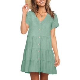Nova In Sky Petite Women's Casual Dresses V Neck Button Down Swing Short Mini Dress Cute Summer Sundress with Sleeves Sage M