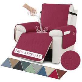 XINEAGE 100% Waterproof Recliner Chair Covers with Elastic Straps, Nonslip Reclining Couch Covers Washable Recliner Couch Cover with Pockets Furniture Protector for Pets Dogs (Wine Red, 23")