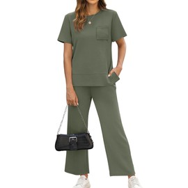 OFEEFAN Airport Outfits for Women Summer 2 Piece Lounge Set Spring Loose Short Sleeve Tracksuit Wide Leg Loungewear Beach Vacation Clothes Travel Clothing Women's Resort Wear Green XXL
