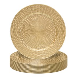 MAONAME 13" Gold Charger Plates Set of 12, Table Chargers for Dinner Plates, Faux Rattan Plastic Plate Chargers, Round Charger for Table Setting, Wedding Decor