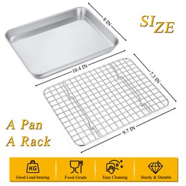 P&P CHEF 10.4 Inch Toaster Oven Pan with Rack Set, Stainless Steel Baking Pan Tray and Grid Cooling Rack for Cooking/Roasting, Dishwasher Safe & Easy to Clean, Non-toxic & Sturdy, (2Pcs)