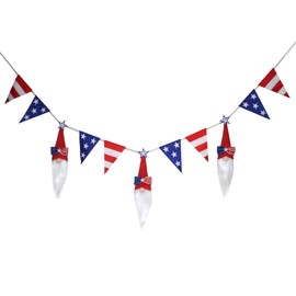 National Tree Company Patriotic Hanging Garland Decoration, Red, Decorated with American Flag Pennants and Red Gnomes, Fourth of July Collection, 72 Inches