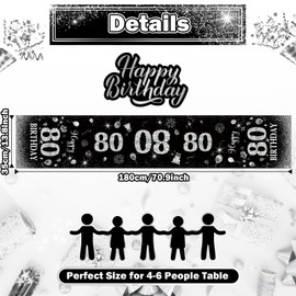 80th Birthday Table Runner Black Silver Happy 80th Birthday Table Runner for 80 Years Old Men Women Him Her Celebrate Birthday Party Decorations Non-Slip Dining Table Linen Cloth Decor, 72 Inches Long