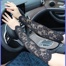 Wambere Women's Cooling Arm Sleeves, Lace Long Gloves Arm Sleeve Sun Protection Sleeves Lace Sleeve Cuff Cycling Gloves Elbow Gloves for Cycling, Running, Golf, Driving, Black