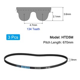 uxcell 3pcs HTD-5M Rubber Timing Belt 134 Teeth, 670mm Pitch Length x 9mm Width x 3.6mm Height, Closed Loop Pulley Timing Belt