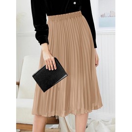 GOOBGS Women's Pleated A-Line High Waist Swing Flare Midi Skirt Champagne Small/Medium