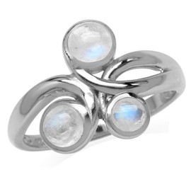 Silvershake 3 Stone Natural Moonstone White Gold Plated 925 Sterling Silver Ribbon Knot Weave Ring Size 9