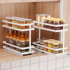 Mustorn 2 Pack Pull Out Spice Rack Organizer for Cabinet, 2 Tier Metal Slide Out Seasoning Organizer and Storage Heavy Duty Vertical Spice Rack Shelf Pullout for Kitchen Cabinets No Drilling (White)