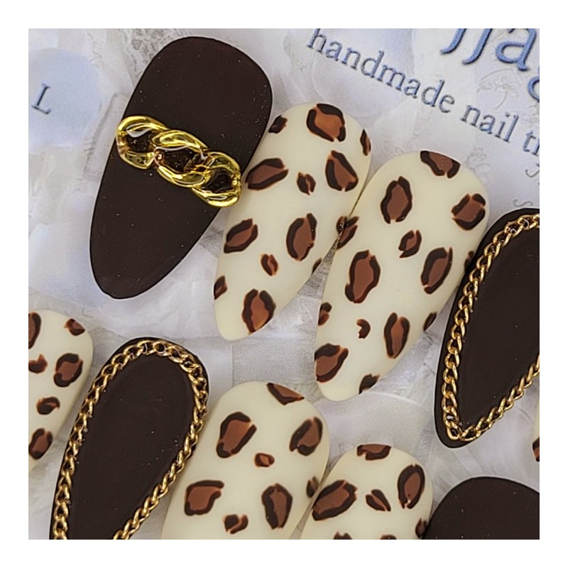 Chain Leopard Matte Handmade Nail Tips - Oval / 체인