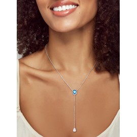 Silvora Necklace S925 Silver Y Chain with Birthstone Pendant Adjustable Teardrop Shaped Cubic Zirconia Birthstone Necklace Twelve Month Necklace Made of Synthetic Stone in Silver with 41 cm + 5 cm