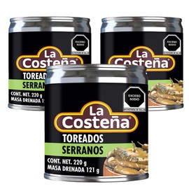 La Costena Serrano Toreados 220g (Pack 3) / Mexican Spicy Roasted Serrano Chilli Peppers In Can Multi Pack