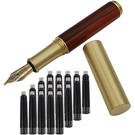Pluma estilográfica de madera de latón hecha a mano, tamaño pequeño, 85 mm, con 20 cartuchos de tinta negra, textura marrón y roja