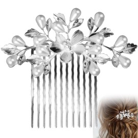 Bride Wedding Hair Combs with Pearls, Elegant Bridal Silver Wedding Hair Accessories Leaf Flower Design Headpiece for Women Brides Bridesmaids Pearl Silver Comb for Special Occasions