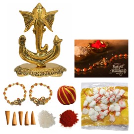 Ensemble Combo Festif WC_Diwali/Bhaidooj - Combinaison de 2 Bracelets Rudraksha Avec la Statue des bénédictions de Ganesh/Panier Roli Chawal/Carte de voeux Speciale/(Combo Pagdi Ganesh Diwali)