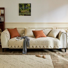 vctops Neutral Cotton Quilted Couch Sofa Cover Floral Embroidery Non-Slip Sectional Couch Covers Soft Cozy Sofa Slipcover for Dogs Cats Pet Armrest Backrest Cover (Beige,43"x82")