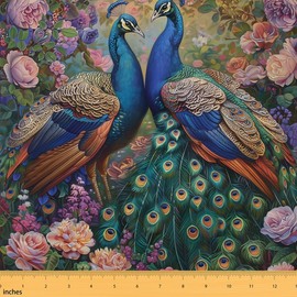 Erosebridal Peacocks by The Yard, Florals Botannical Upholstery, Wildlife Leaves DIY Indoor Outdoor Fabric, 3D Birds Vivid Decorative Waterproof Fabric, Blue Green Purple, 1 Yard
