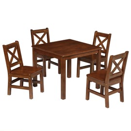 eHemco Solid Hard Wood Kids Table and Chair Set (4 Chairs Included), Coffee, 5 Piece Set
