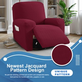 JIVINER 3 Piece Recliner Chair Cover Stretch Lazy Boy Non Slip Covers for Recliner with Pockets Soft Jacquard Reclining Sofa Slipcovers Furniture Protector with Elastic Bottom (1 Seater, Wine Red)