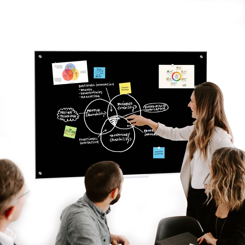 QUEENLINK Black Dry Erase Board, 36" x 24" Magnetic Glass