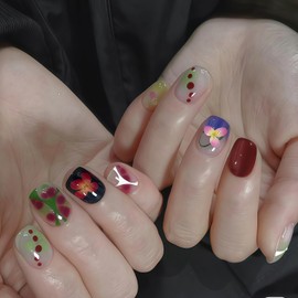 Flower Press on Nails Short Square Fake Nails with Colorful Flowers Designs Cute Acrylic Full Cover False Nails Summer Press ons Nail Daily Nail Wear for Salon Manicure DIY Decoration 24 Pcs