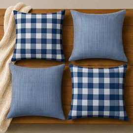 LFH Home Buffalo Farmhouse Gingham Outdoor Pillow Covers Soft Cotton Rich Decorative Throw Pillow Covers with Zipper Fade Resistant Reusable Machine Washable 20x20 Set of 4 - Blue