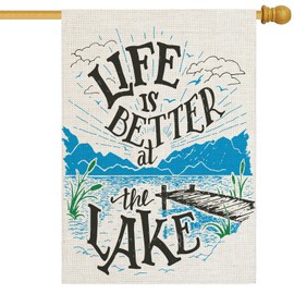 pingpi Lake House Quote Burlap House Flag, Double Sided Premium Fabric, Life Is Better At The Lake Outdoor Decoration Banner for Yard Lawn, 28" x 40"