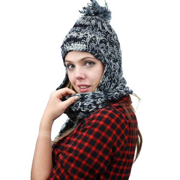 NYFASHION101 Nepal Wool Fleeced Hand Knit Ski Trooper Hat Scarf Set - Black