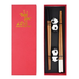 LHOEST 2 Pairs of Sushi Chopsticks Set Cat Panda Chinese Japanese Korean Chopsticks Wood Chopsticks for Eating Dishwasher Safe with Ceramic Base Cat Panda (Cat)
