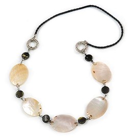 Natural Oval Shell and Black Ceramic Bead with Faux Leather Cord Necklace - 70cm Long