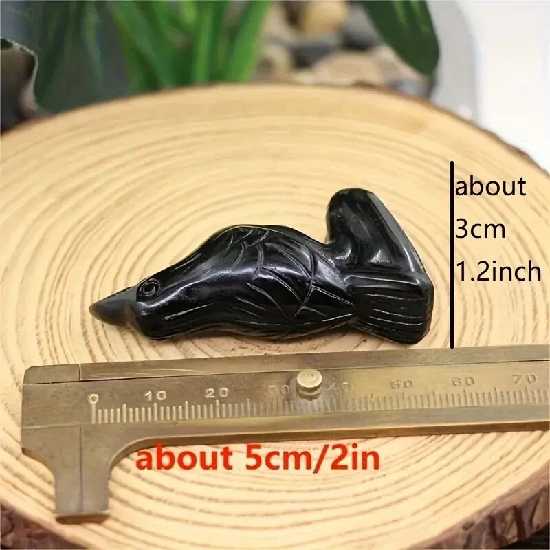 Natural Black Obsidian Crow Hand Carved Raven Skull Guardian Statue