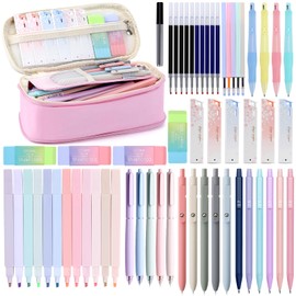 YOPCDJ 59 PCS Aesthetic School Supplies With Large Pencil Case, 10 Pencils 0.5 & 0.7 & 2.0mm, 5 Colored Gel Pens, 12 Pastel Highlighters, 5 Black Gel Pens for Writing, Drawing, Drafting