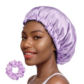 PARISBELLA Reversible Smooth As Silk Satin Bonnet for Sleeping, Adjustable Satin Sleep Cap for Curly Hair, Chic Satin Hair Wrap with Scrunchy, Lavender, Medium, Pack of 1