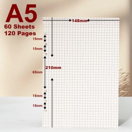 KINETOX 1 Pack Ring Binder A5 Refillable 60 Sheets Paper A 6 Hole Checked A5 Refill Paper Refillable Refill Paper Refill Inserts for A5 Notebooks Diaries Sketches Agenda Planner