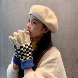 Plaid Winter Gloves with Touch Screen for Women Girls Checkered Double Layer Cold Weather Gloves Thick Thermal Plush Mittens (B-Blue)