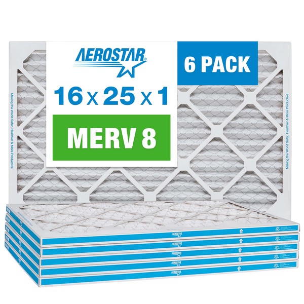 Aerostar 16x25x1 MERV 8 Pleated Air Filter, AC Furnace Air Filter, 6 Pack (Actual Size: 15 3/4"x 24 3/4" x 3/4"), White