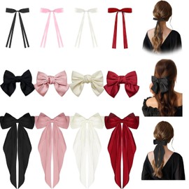 12Pcs Big Bow Barrettes With Long Silky Satin Tail, Large Hair Bow Clips for Women, Girls, Adult Teens - Hair Accessories