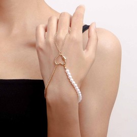 Aneneiceera Boho Finger Ring Love Bracelet Layering Pearl Gold Hand Chain Gold Slave Finger Ring Pearl Bracelet Bangle Bridal Handpiece Hand Harness Jewellery for Women and Girls