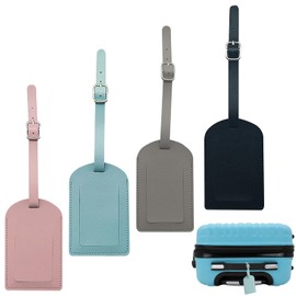 4 Pcs Luggage Tags, PU Leather Suitcase Labels with Adjustable Strap and Privacy Protection Cover for Name Card Travel Tags for Preventing Loss of Luggage Bags and Suitcases (Black Grey Blue Pink)