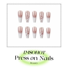 IMSOHOT Long Press on Nails Coffin White Gradient Fake Nails with Pearl Designs Full Cover Nude White Artificial Ballerina False Nails for Women Girls 24Pcs Glossy Glue on Nails