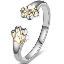 Jude Jewelers Stainless Steel Adjustable Size Cat Dog Pet Paw Style Holiday Party Wedding Statement Ring (Silver Gold, Adjustable)